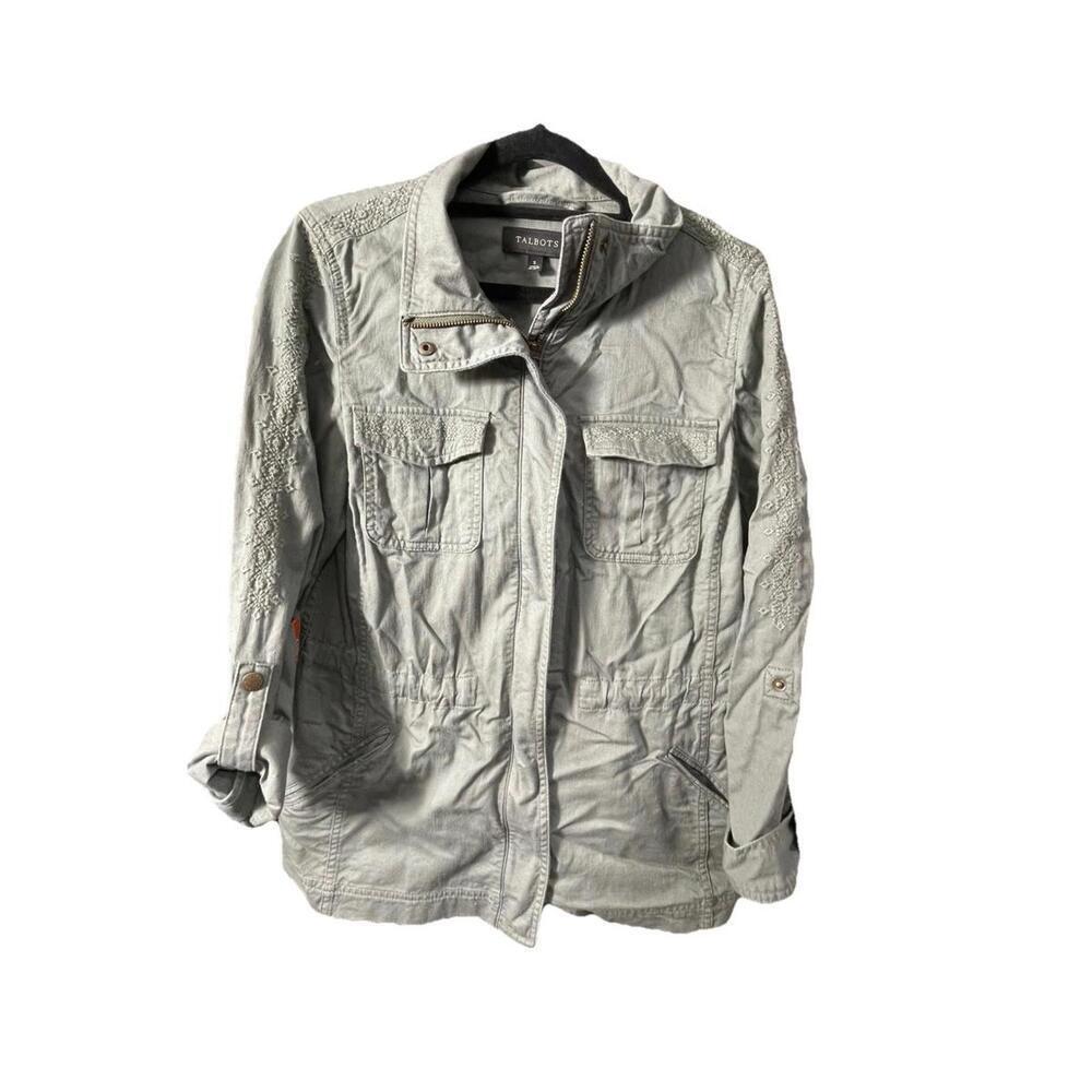 Talbots Utility Jacket Womens Sm Green Embroidered Full Zip Snap Roll Up Tab